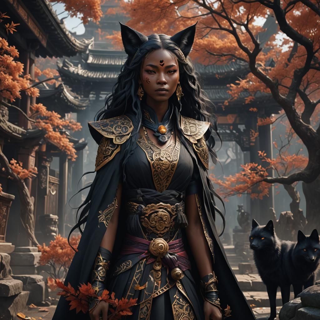 Detailed Black Kitsune Woman in Fantasy Art