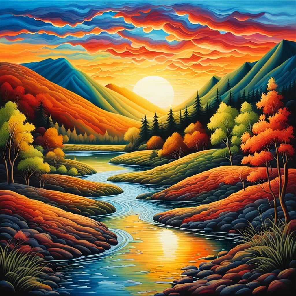 Metallic Colors Reflect on Romantic River Landscape