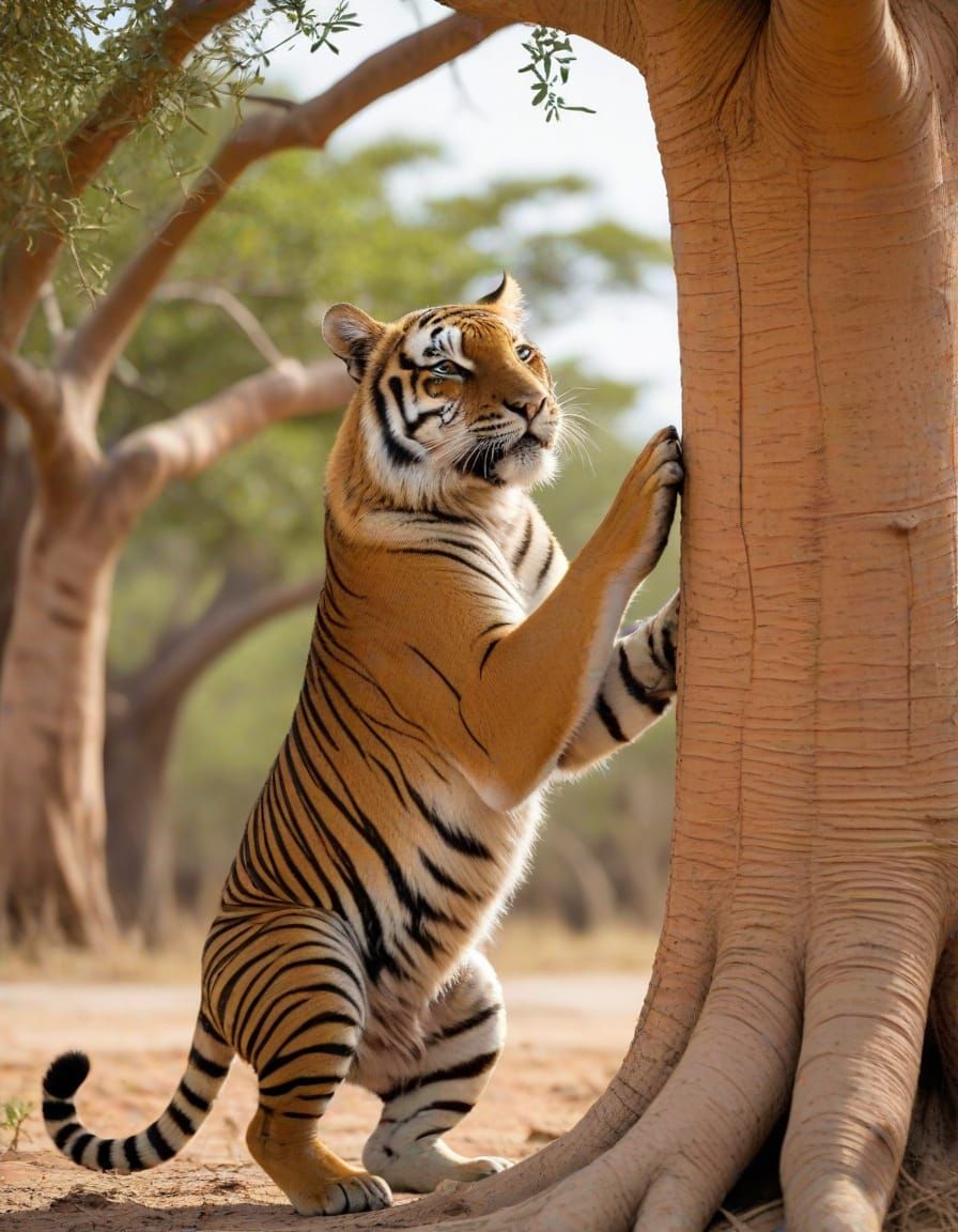 Tiger Scratches Baobab Tree Trunk in African Savannah