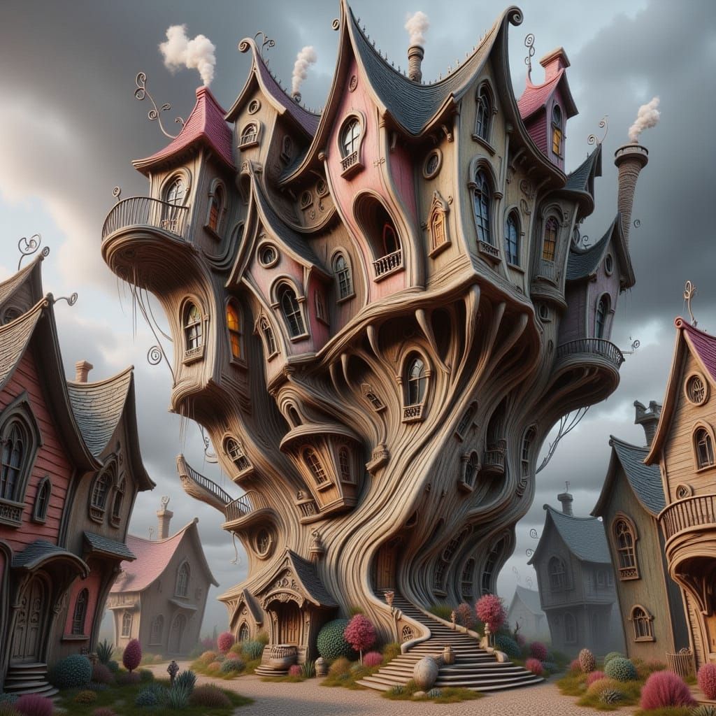 Whimsical, Surreal Wonky Houses in Dark, Earthy Tones
