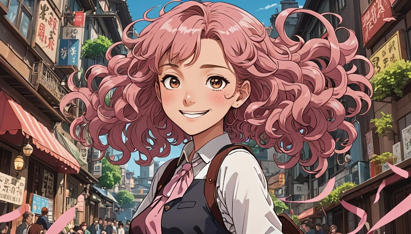 Smiling Anime Girl with Pink Hair in Ghibli Style