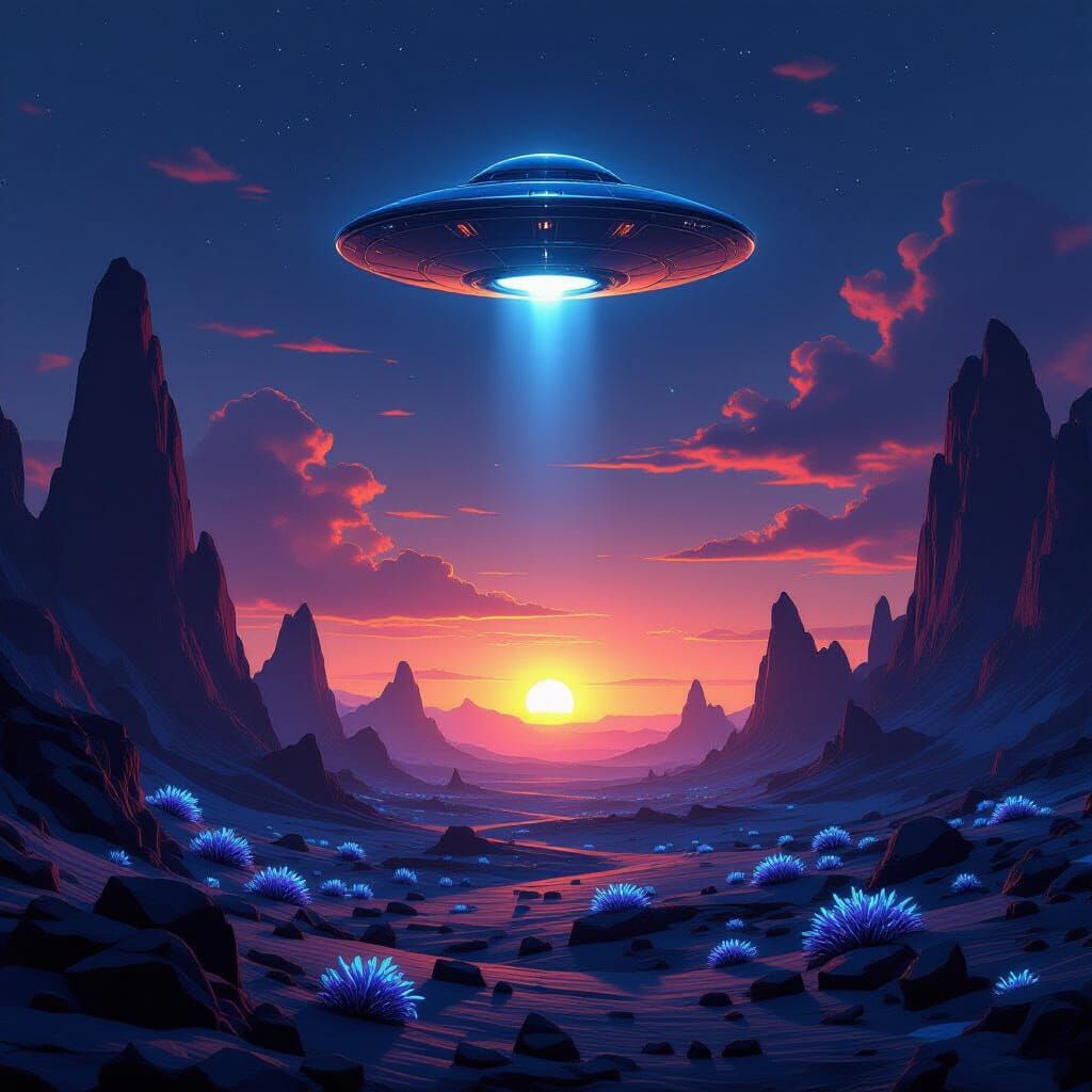 Alien Landscape with UFO at Twin Sunset