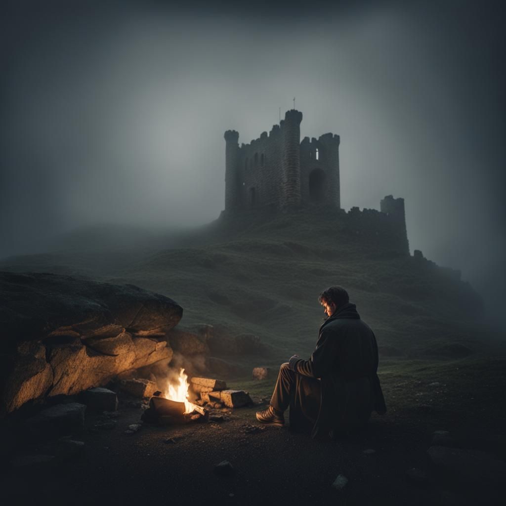 Foggy Ruined Castle: A Gloomy Night Scene