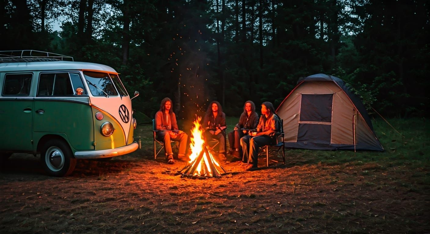 Hippies Gathered Around Bonfire, Cinematic Vintage Scene