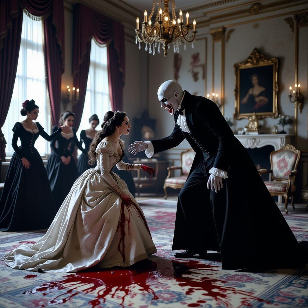 Nosferatu Attacks Elegant Woman in Opulent Chamber