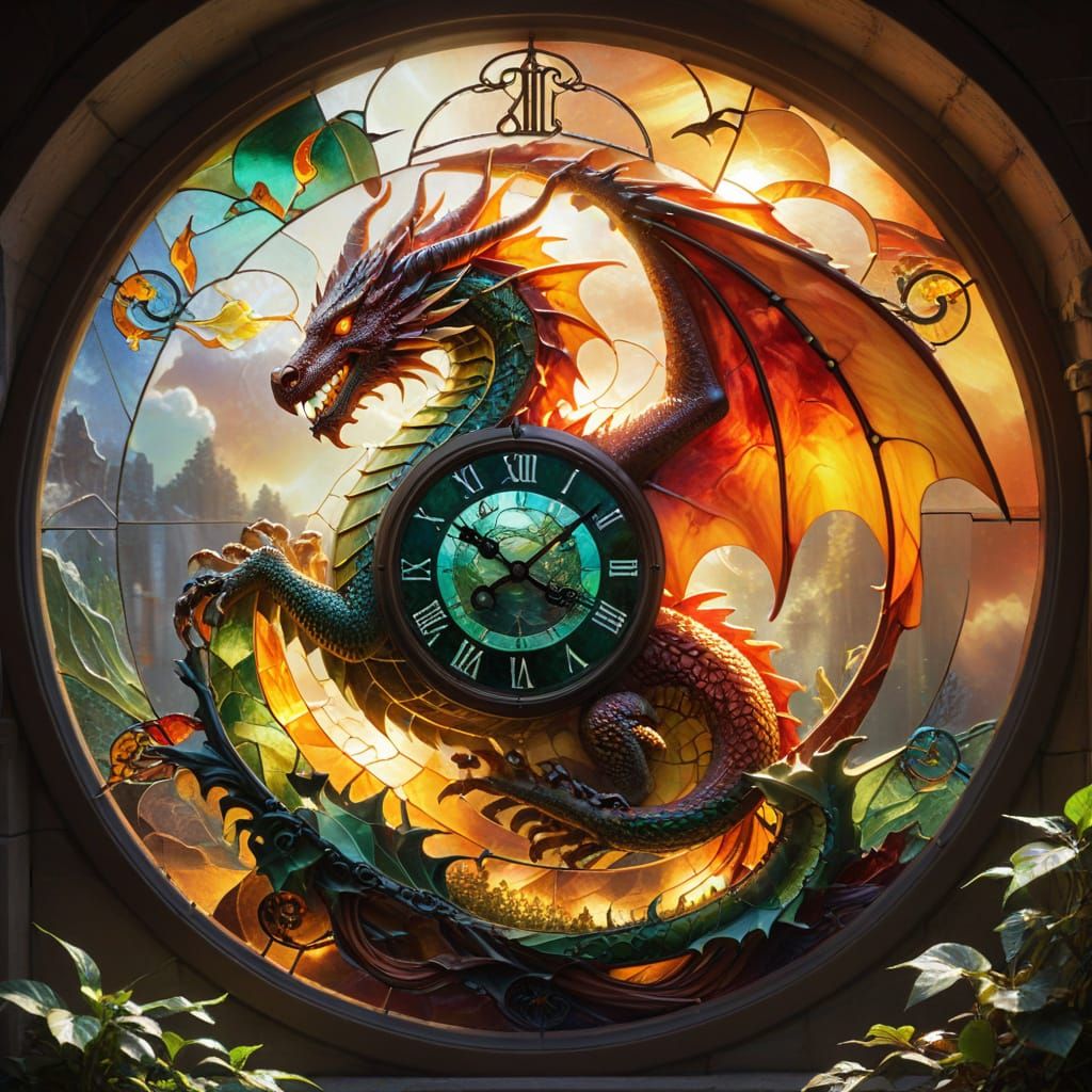 Dragon Clock Window in Ethereal Golden Light