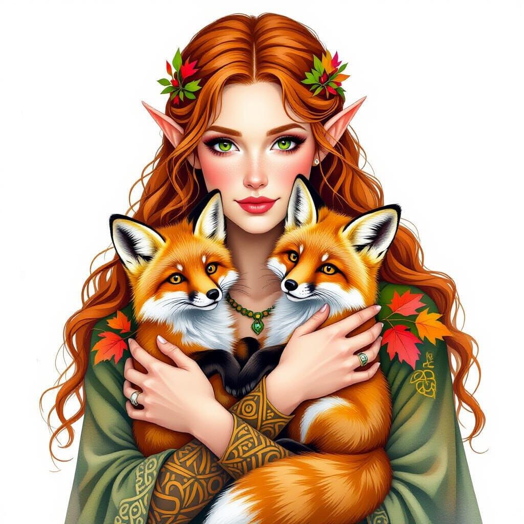 Forest Elf Cradles Baby Fox in Autumn Airbrush Style