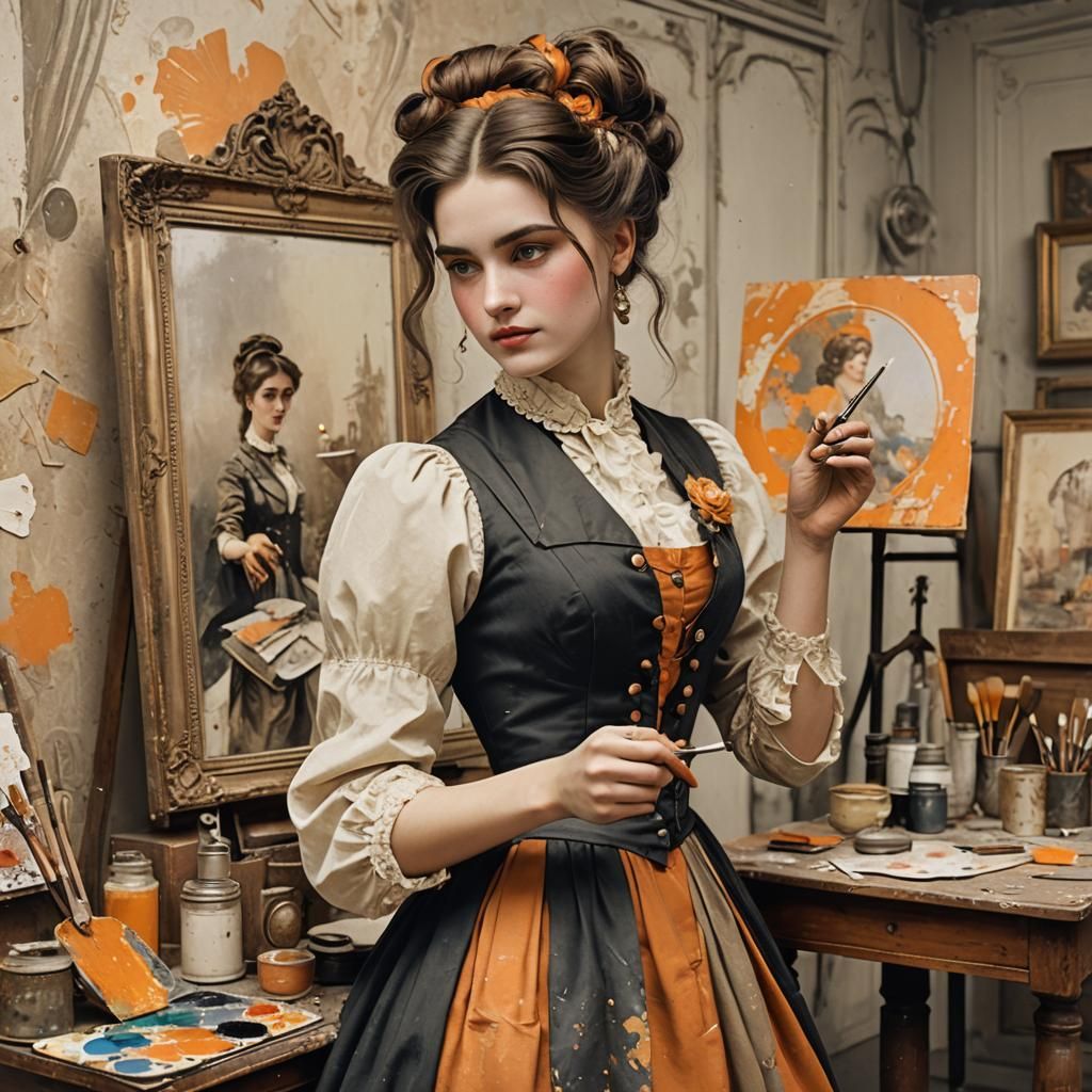 Victorian Lady Bowing in Steampunk Art Nouveau Studio