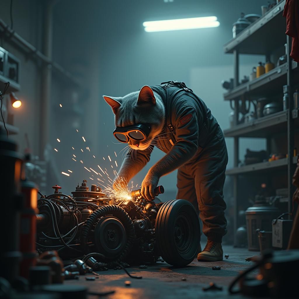 Cat Mechanic Fixing Car in Futuristic Garage