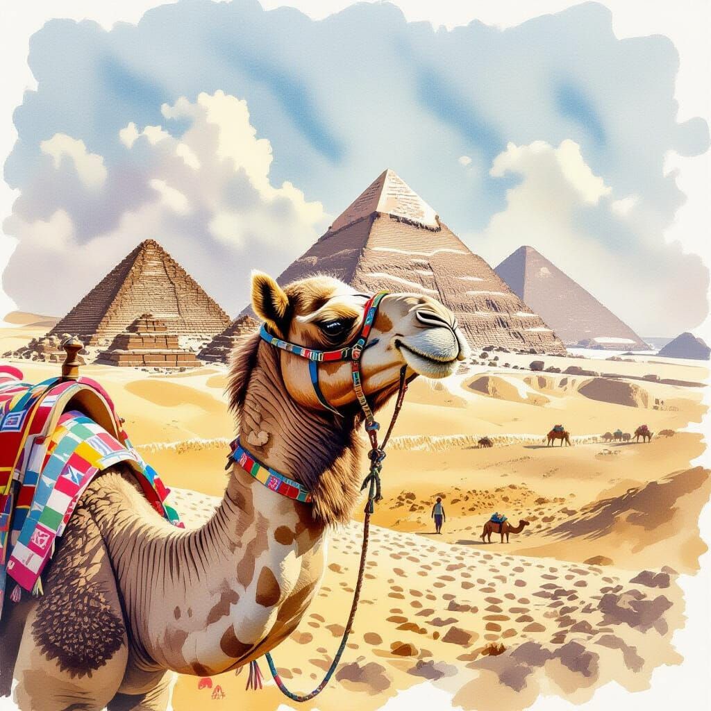 Realistic Watercolor Camel Portrait with Distant Pyramids