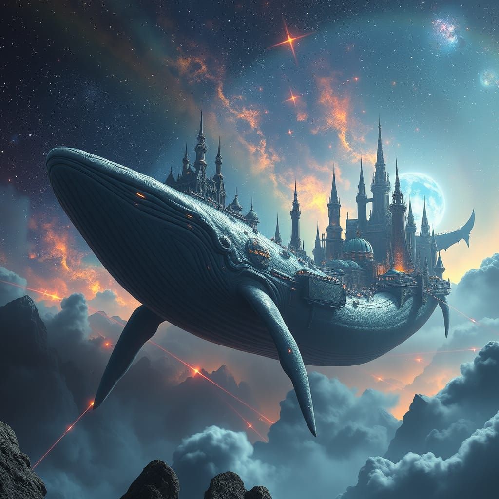 Celestial City on Cosmic Whales, Epic Fantasy Concept Art