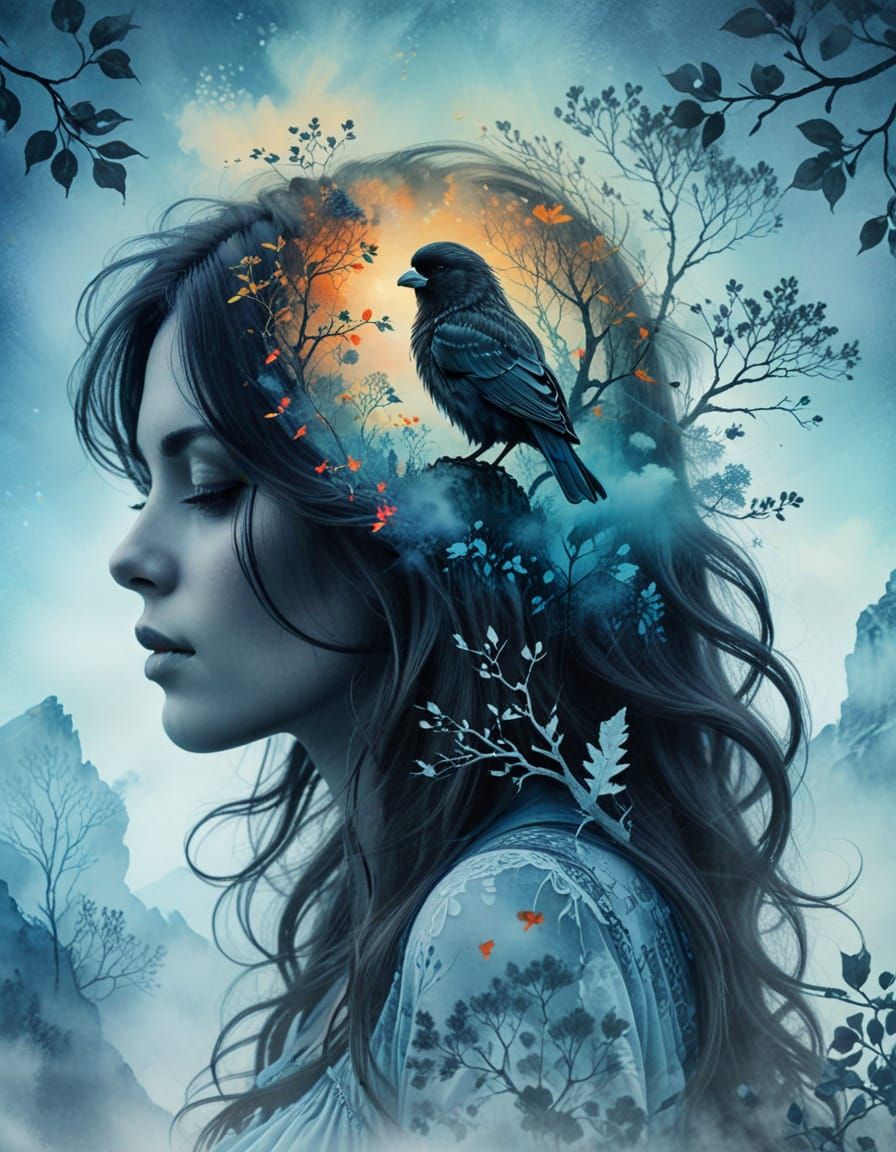 Surreal Fantasy Portrait with Canaries in a Dreamy Landscape