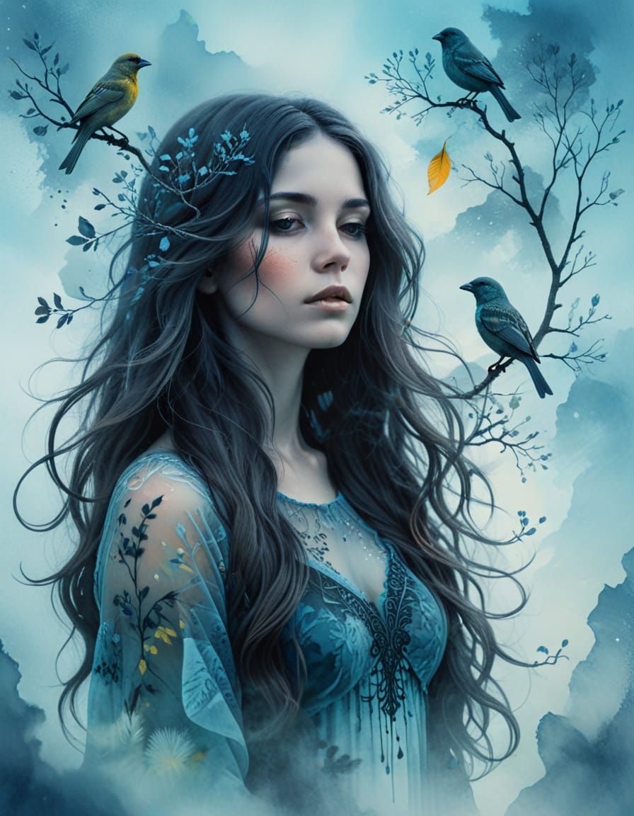 Ethereal Female Portrait Amidst Dreamy Landscape