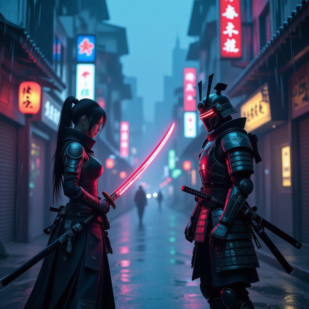 Cyberpunk Swordswoman vs. Robotic Samurai in Neon Alley
