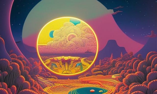 Wizard Woman in Surreal Neon Sun and Moon Bed