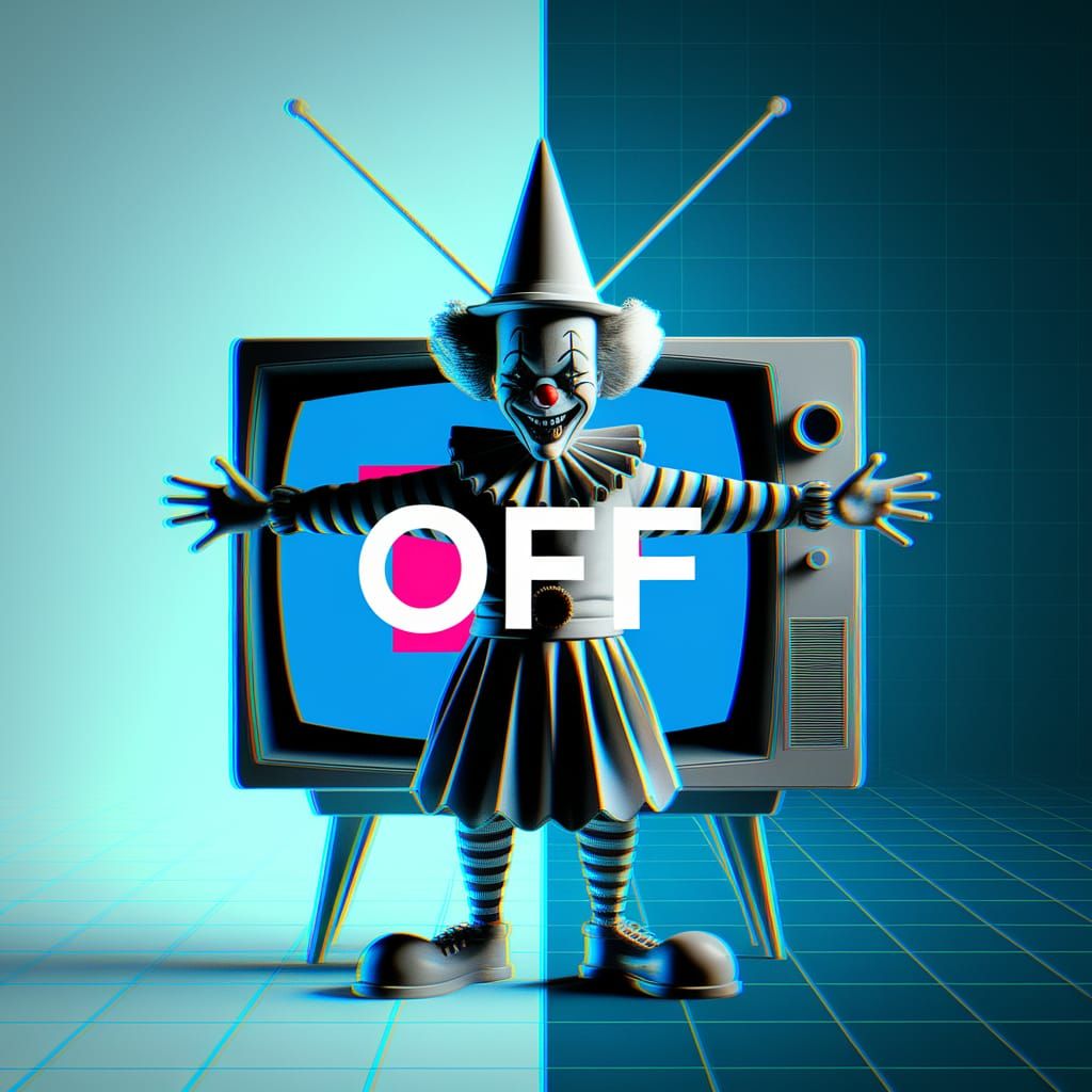 Distorted Clown in Front of Glitchy TV Set