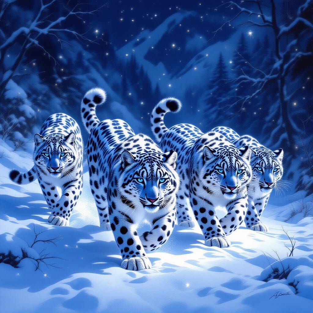 Kaleidoscope of Snow Leopards in Ethereal Digital Art