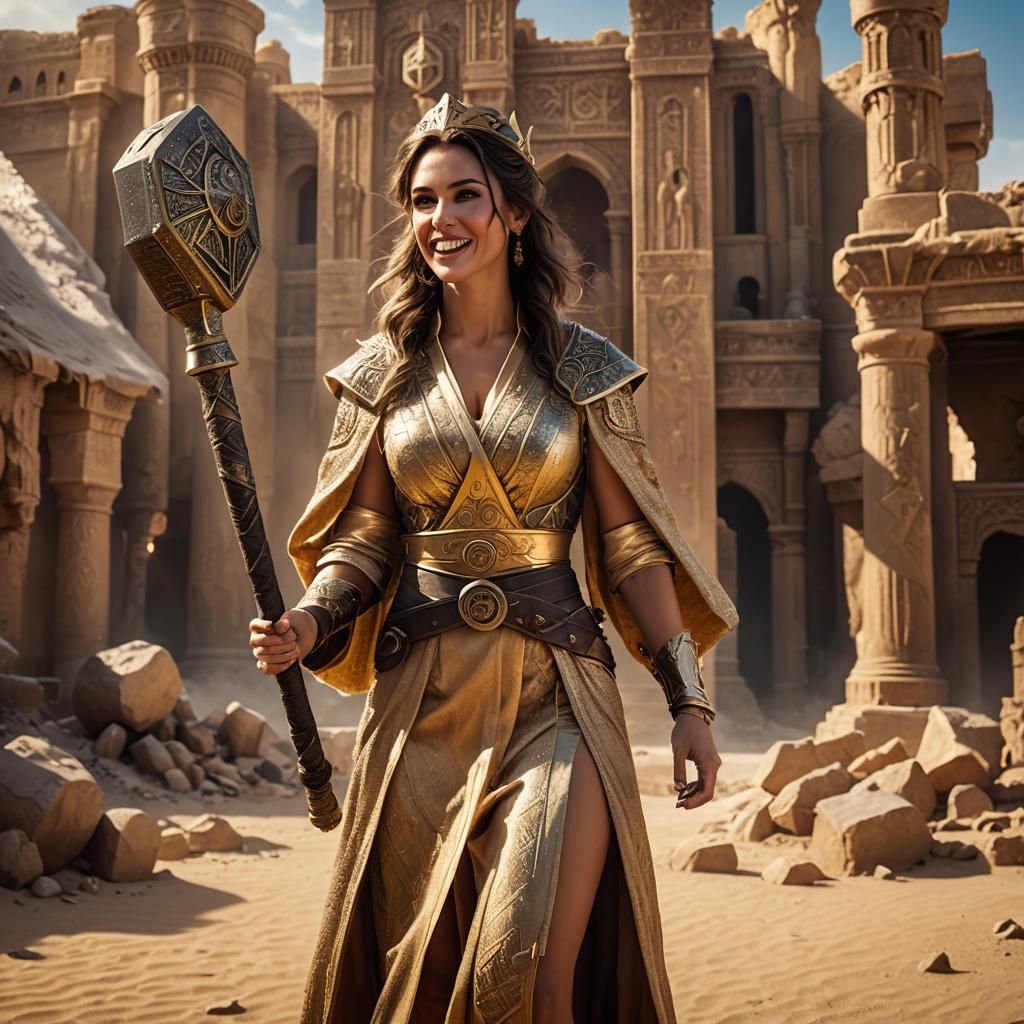 Happy Woman with Hammer in Desert Ruins, Fantasy Art