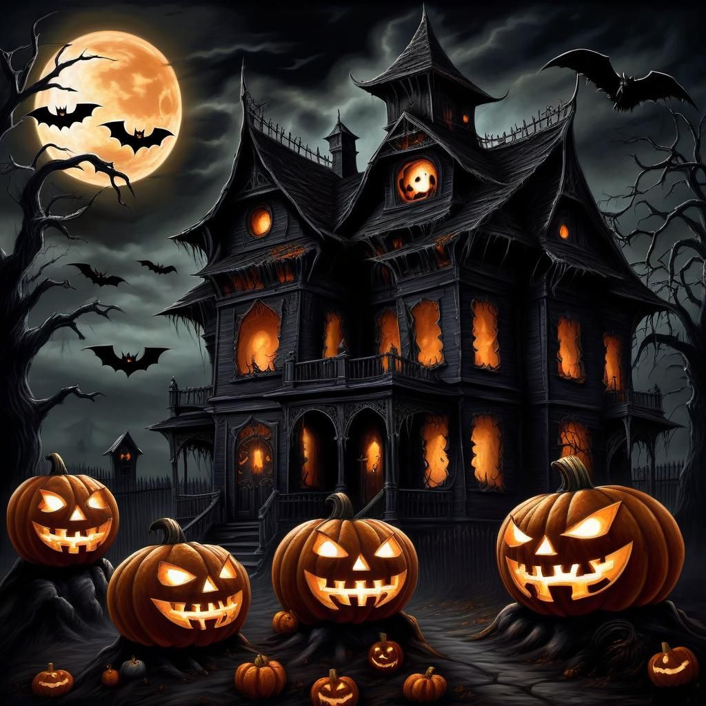 Eerie Halloween Jack-o-Lanterns in Gothic Art Style
