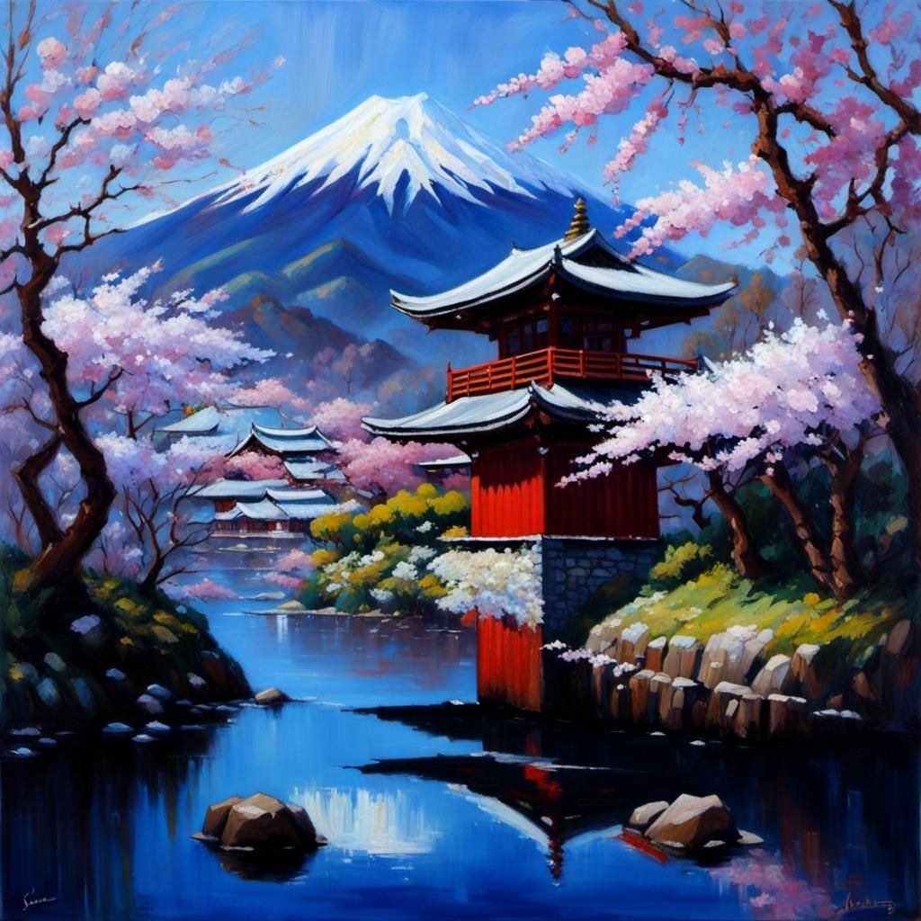 Japanese Cherry Blossoms in Spring: An Oil Painting