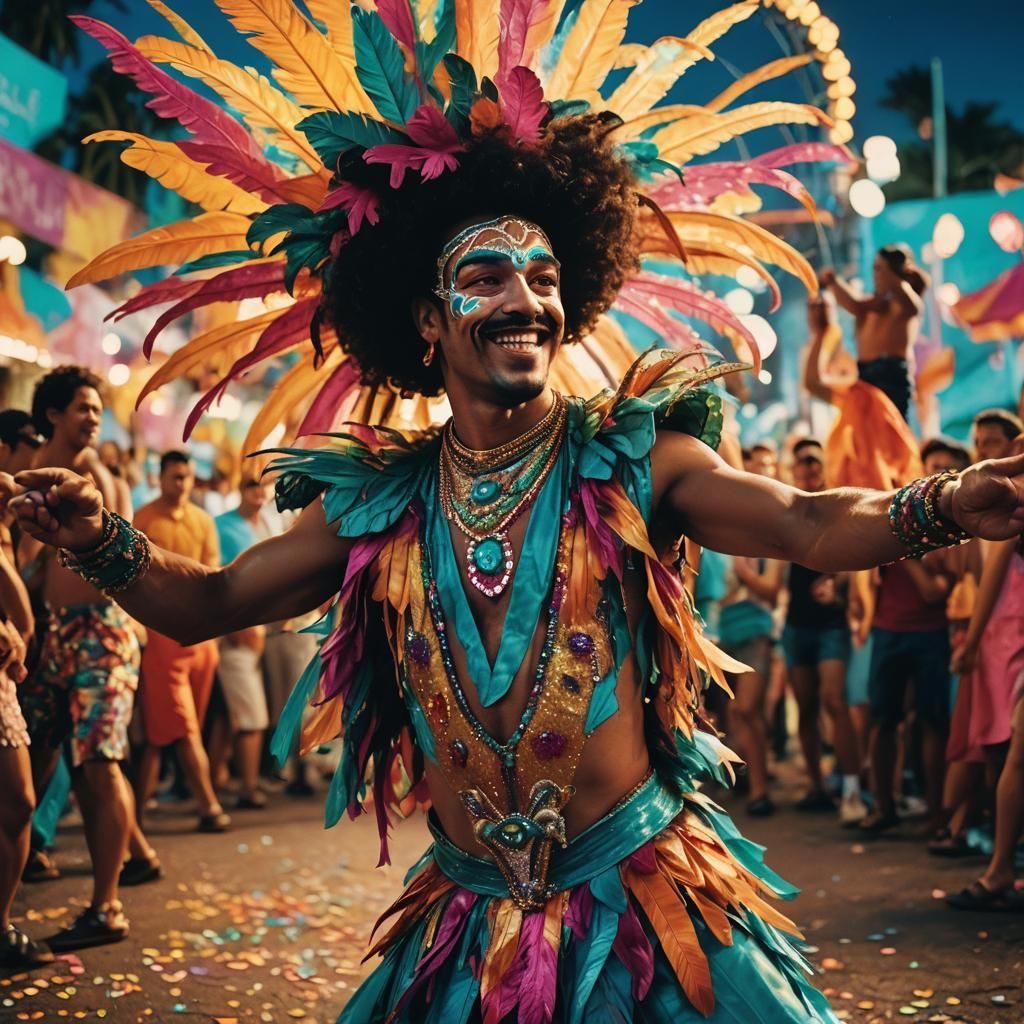 Pedro Dances in Rio Carnival: Cinematic Film Still