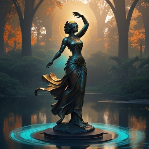 Glowing Bronze Art Nouveau Sculpture in Serene Park at Dusk