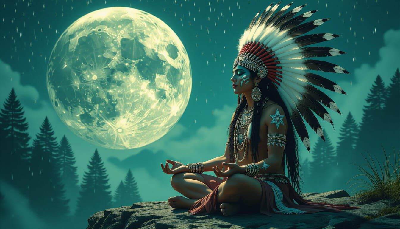 Cosmic Shaman Meditating Under Double Exposure Moon