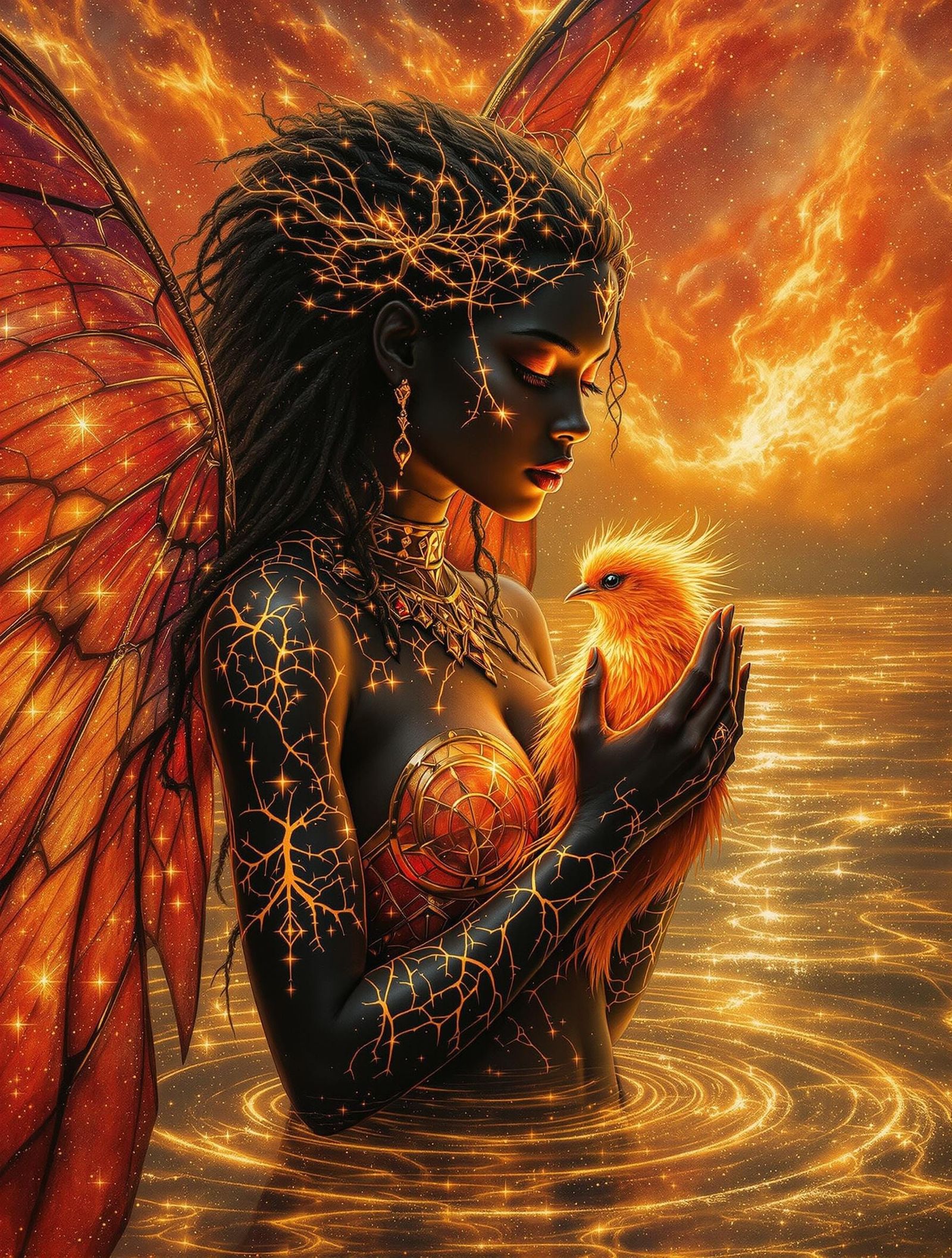 Mystical Fairy Emerges from Golden Flames