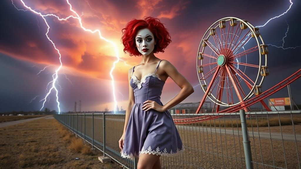 Clown Woman in Abandoned Park with Lightning Sky