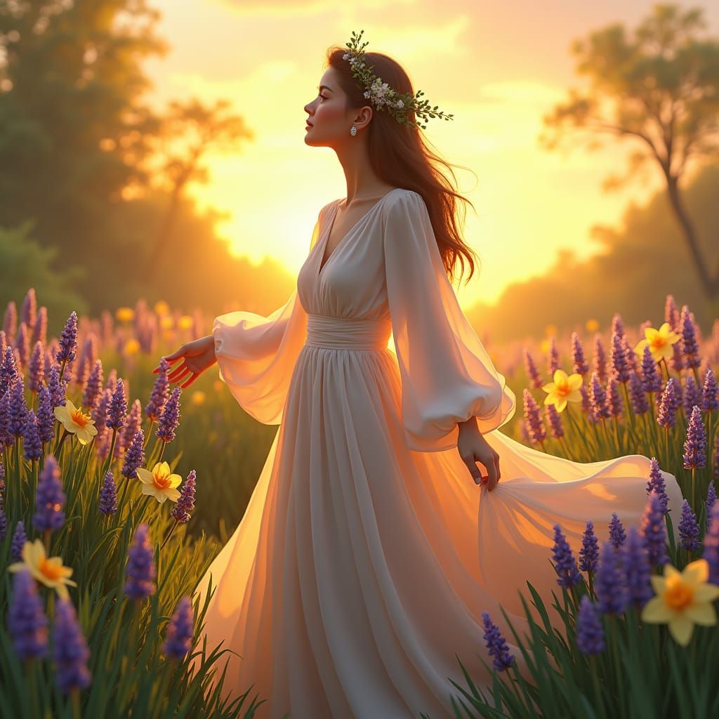 Woman Smelling Flowers at Sunset: Matte Painting