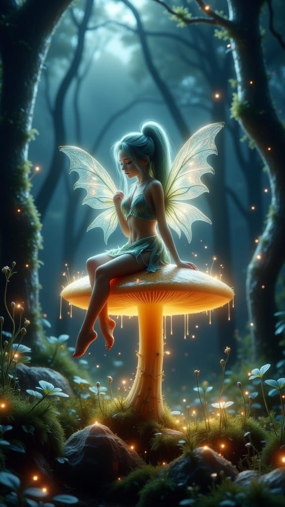Pixie on Glowing Mushroom in Mystical Forest