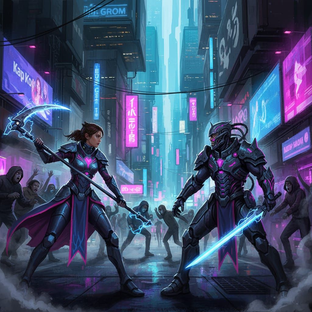 Cyberpunk Princess Warrior Battles Fighter in Neon City