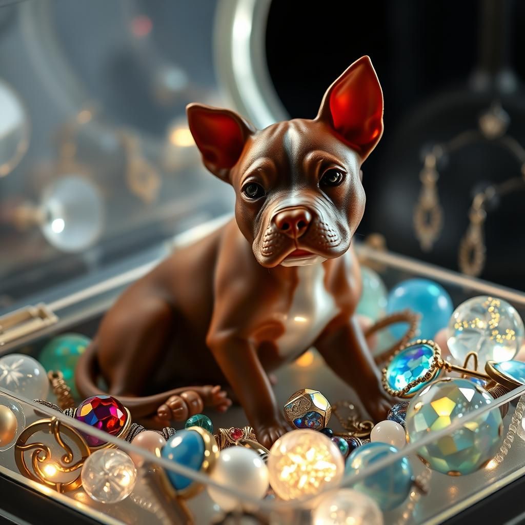 Glowing Pitbull Figurine with Glass Jewelry, Hyperrealist
