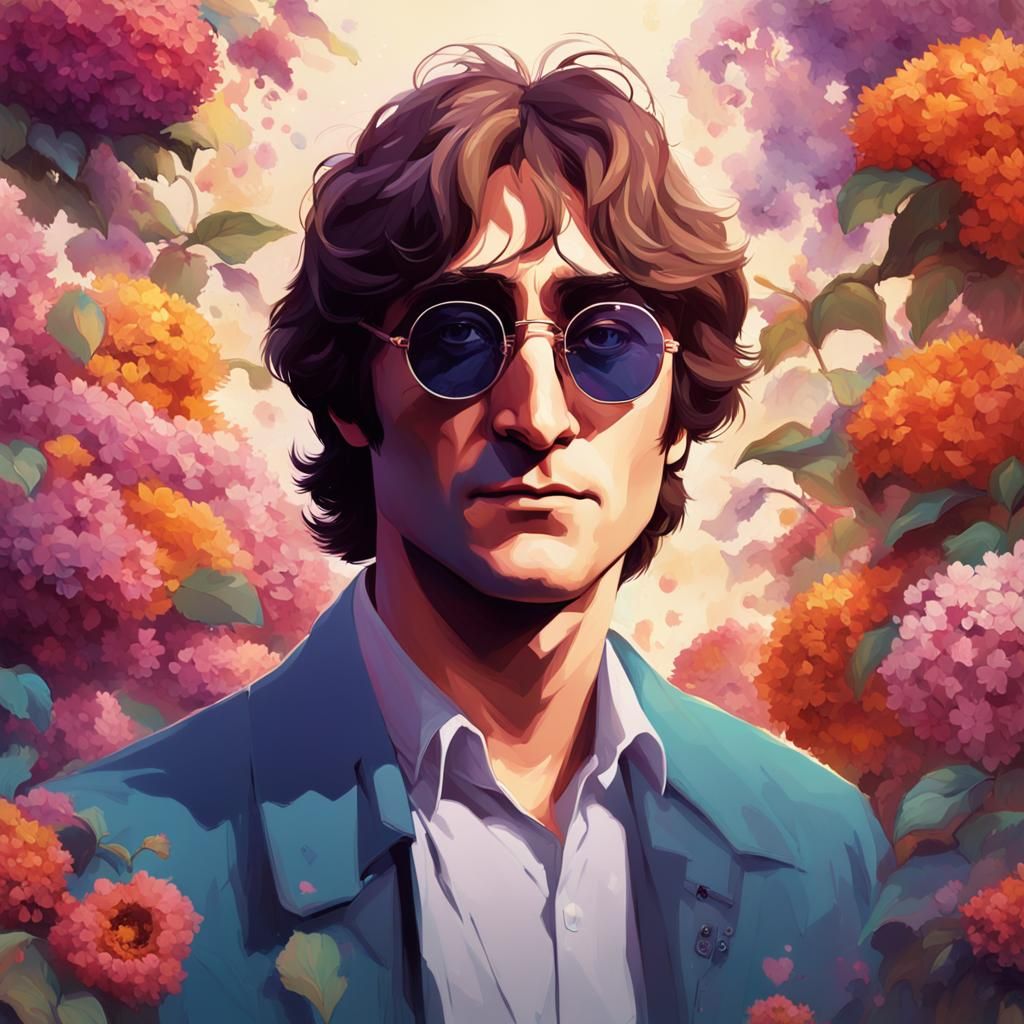 Young John Lennon Portrait with Flowers, Hyperdetailed Art