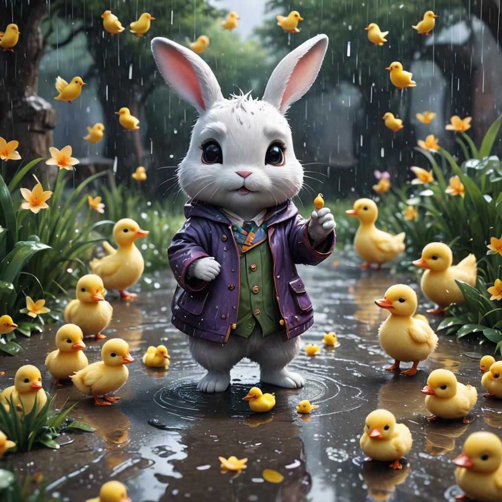 Charming little kawaii rabbit Chibi in the rain surrounded by small ducks