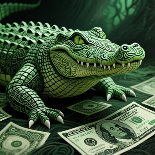 Zentangle Alligator of Dollar Bills in Cinematic Digital Mat...
