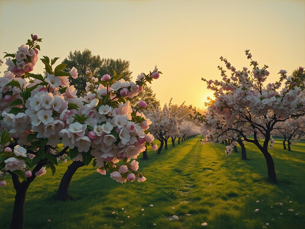 Blossoming Apple Garden in Soft Evening Light