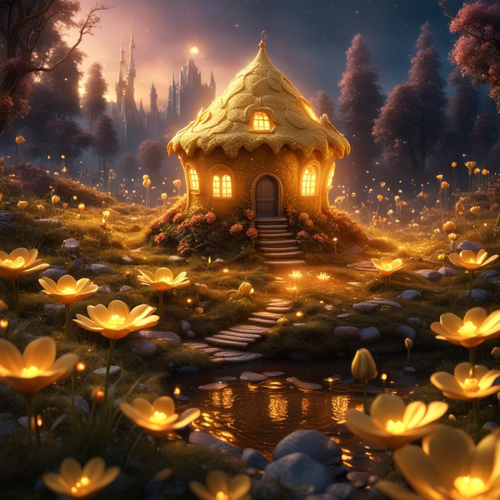 Fairy Village Hidden in Golden Flower, Detailed Art