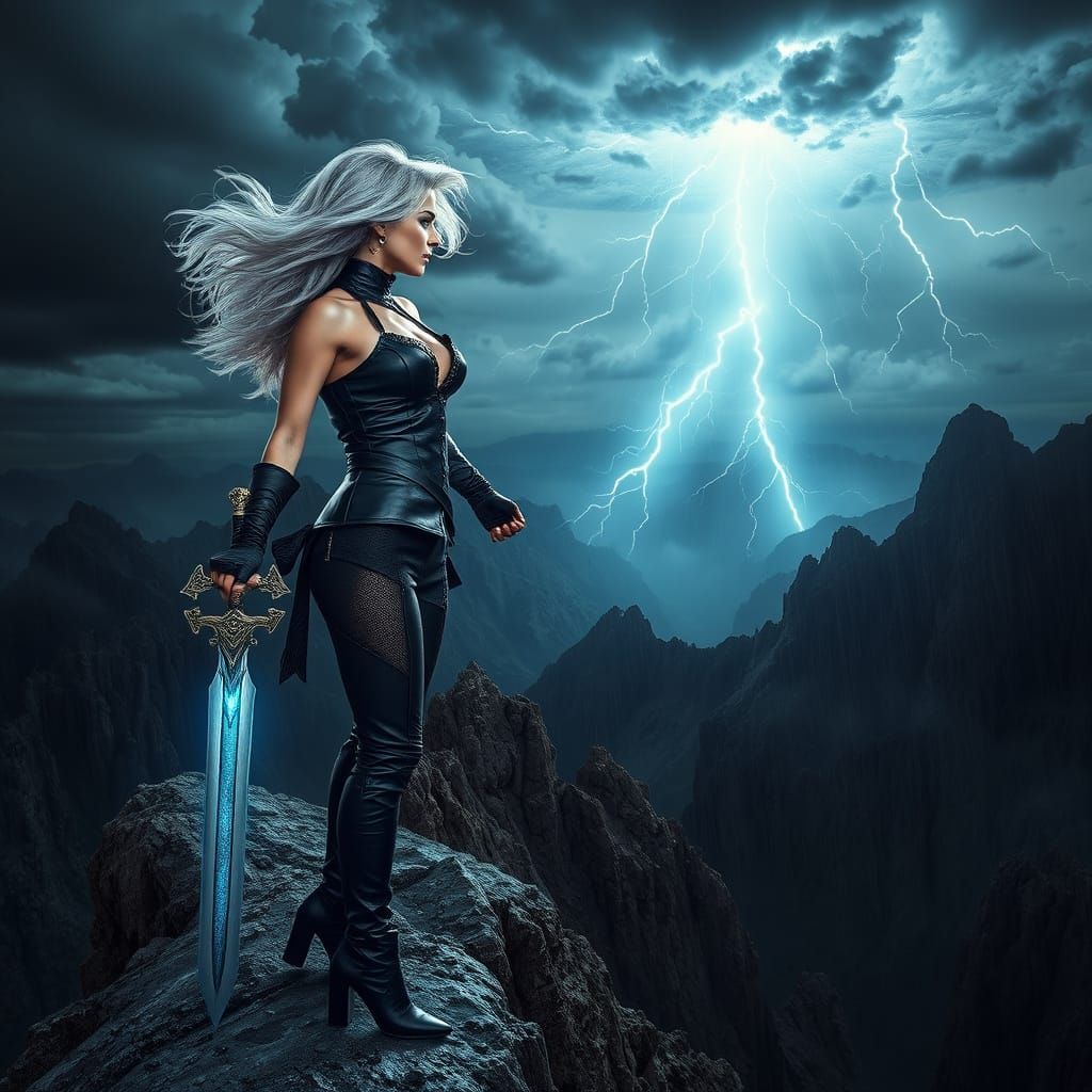 Ethereal Warrior Dominates Dark, Stormy Landscape