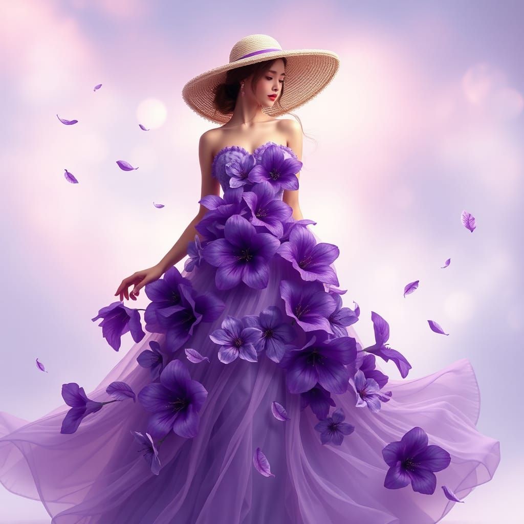 Violet Sky Dress: Ethereal Woman with Flowers