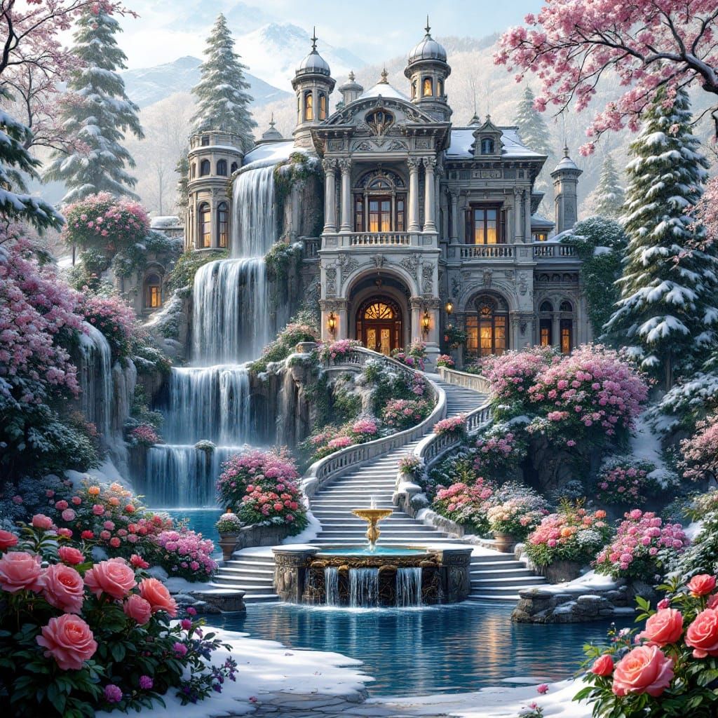 Majestic Snow-Dusted Estate in Vibrant Bloom