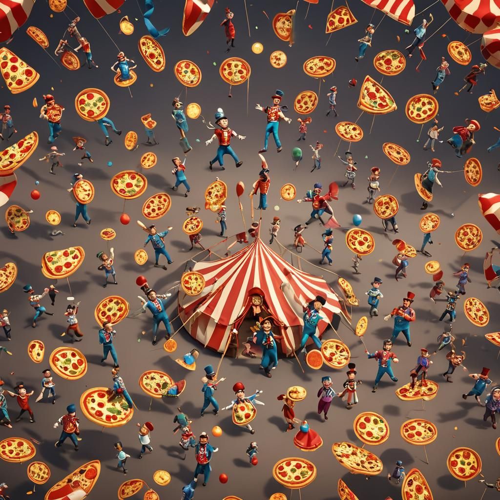 Flying Pizza Circus in Spotlight Shadows, Octane Render