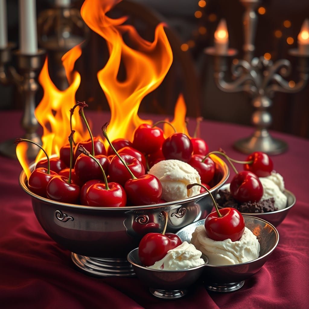 Cherries Jubilee in Whimsical Silver Dessert Scene
