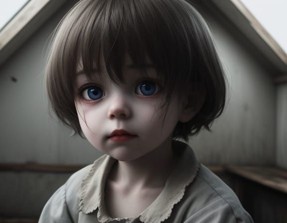 Creepy Doll in Dusty Attic, Childlike Drawing Style