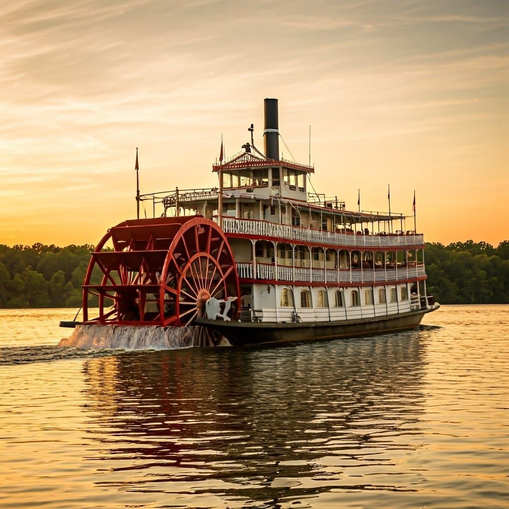 Whimsical Mississippi Waterwheel Scene in Golden Light