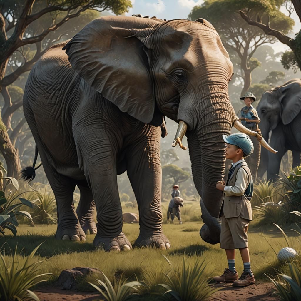 Boy and Elephant in Field: Fantasy Concept Art