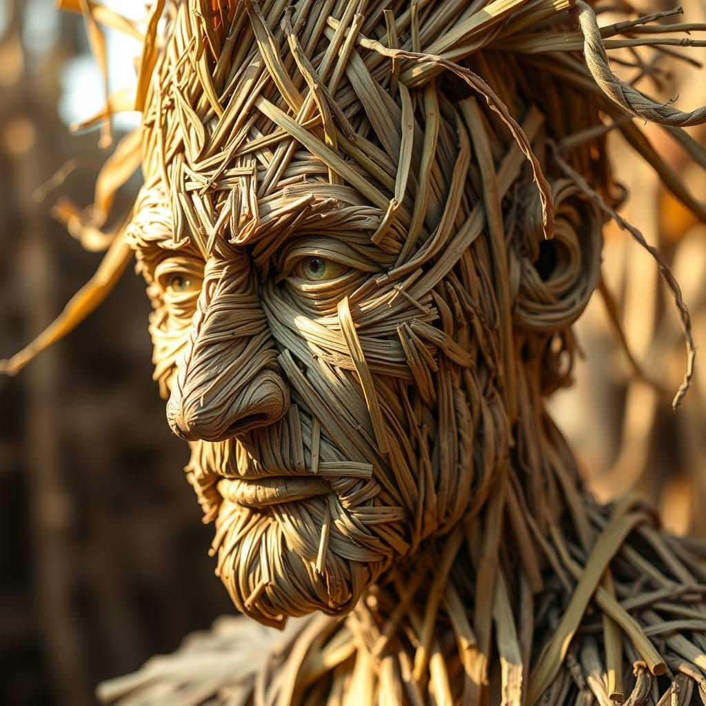 Straw Man Sculpture Portrait in Organic Style