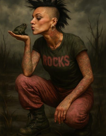 Radiant Woman with Frog in Dark Surreal Fantasy