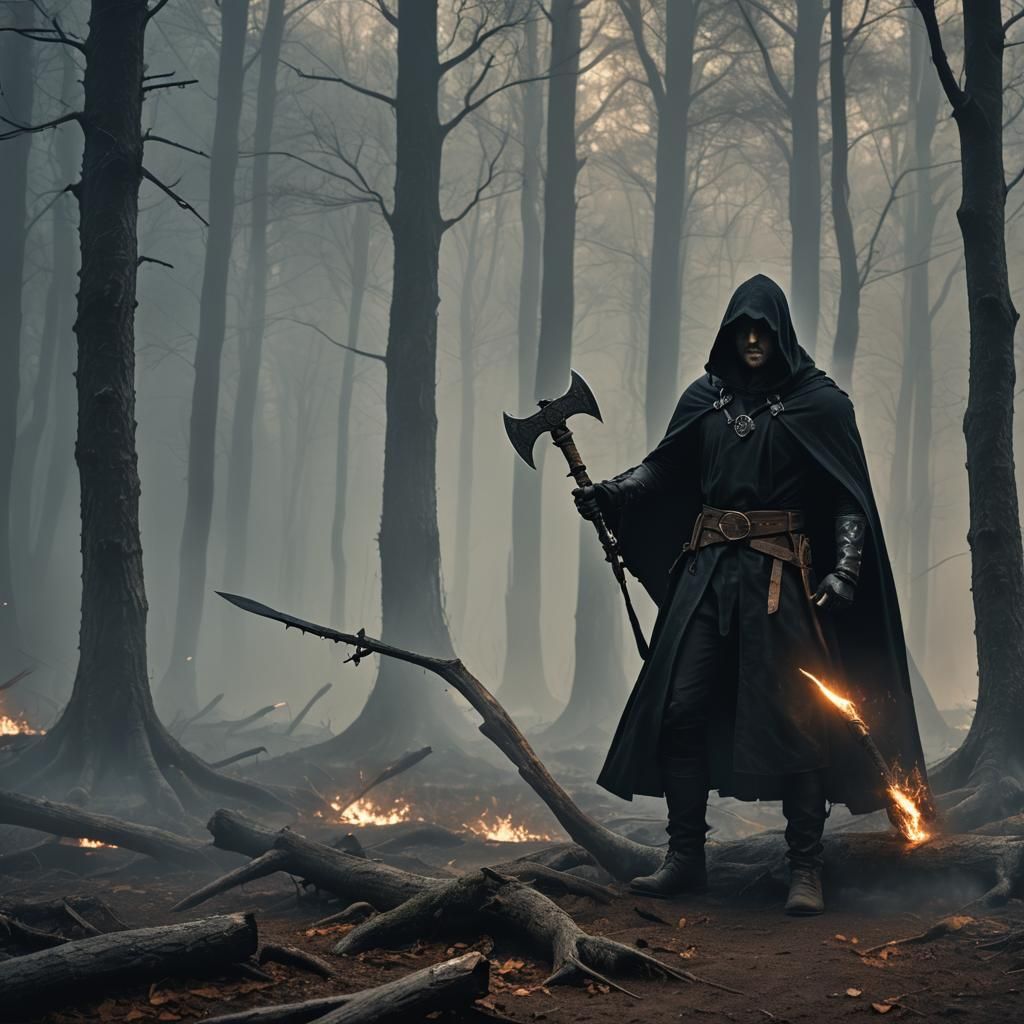 Dark Fantasy Warrior in Misty Forest