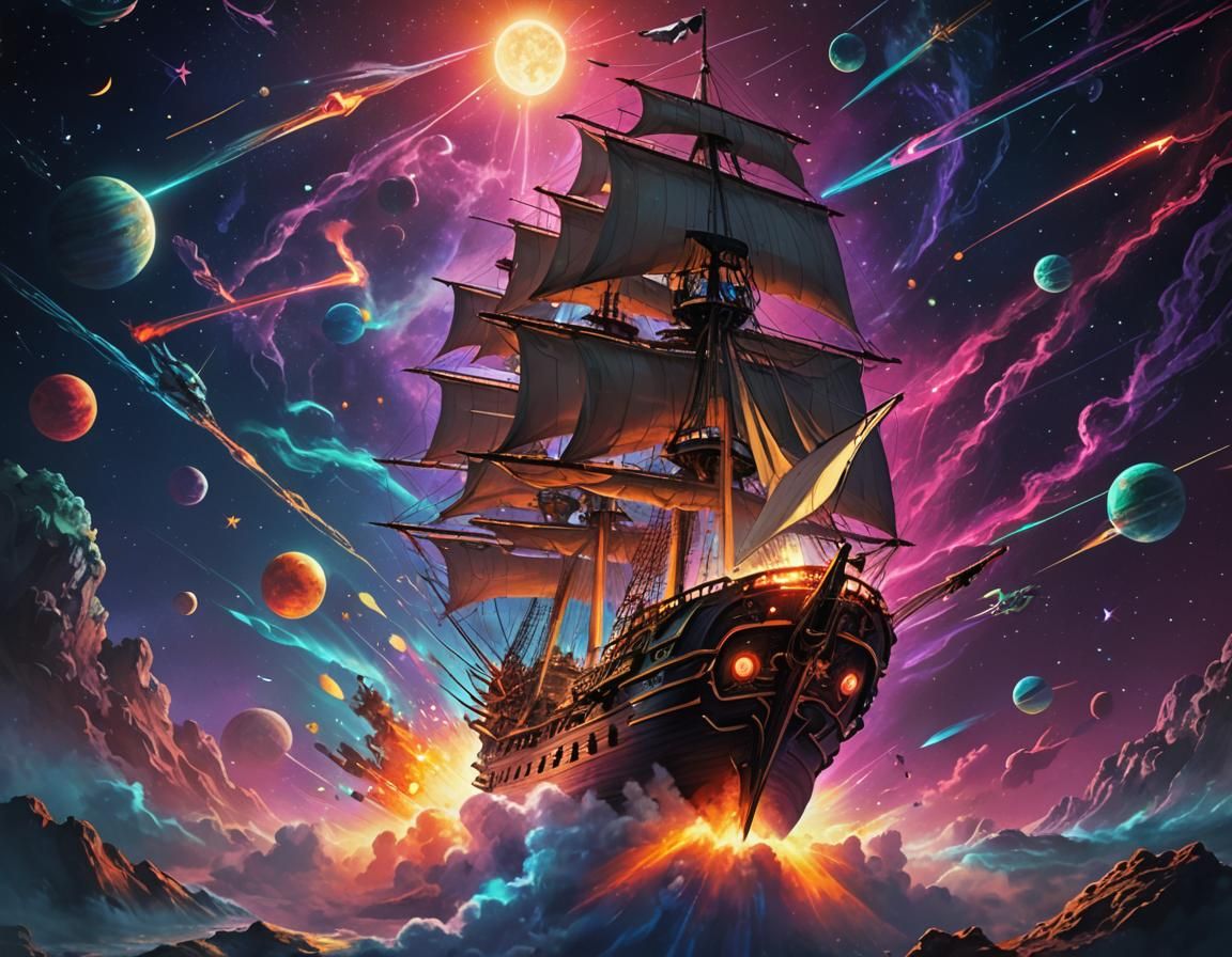 Pirate Ship Soaring Through Space with Laser Beams